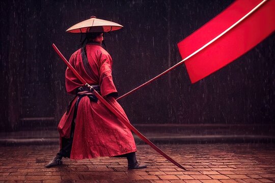 A man in traditional Japanese attire stands on a stone sidewalk.3D rendering