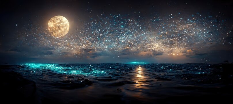 The full moon illuminates the waters of the ocean.3D rendering
