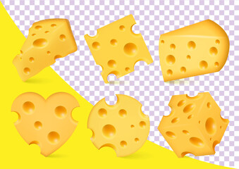 Vector 3D, Realistic set of Fresh Nutritious Dutch Cheeses, Very tasty.