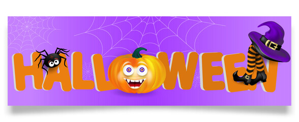 Halloween banner or party invitation purple background with pumpkins faces, witch's striped legs, running spider, web and eye, Editable Vector illustration