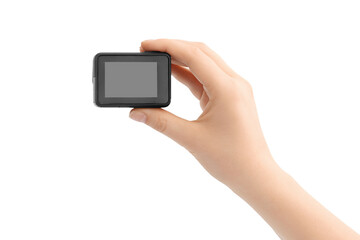 Action camera in hand isolated on white. Blank screen for mockup. © Snizhana