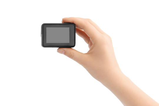 Action camera in hand isolated on white. Blank screen for mockup.