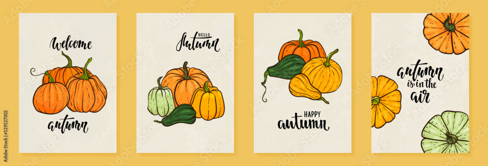 Wall mural hand drawn pumpkin in cartoon style with text hello autumn. Cute autumn poster. design for greeting card and invitation of seasonal fall holidays, halloween, thsanksgiving, harvest