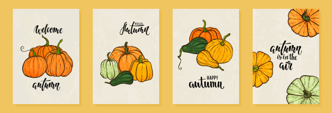 hand drawn pumpkin in cartoon style with text hello autumn. Cute autumn poster. design for greeting card and invitation of seasonal fall holidays, halloween, thsanksgiving, harvest