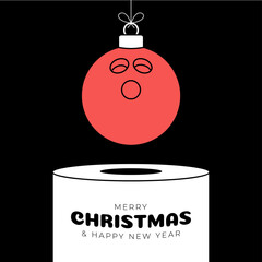 bowling Christmas bauble pedestal. Merry Christmas sport greeting card. Hang on a thread bowling ball as a xmas ball on white podium on black background. Sport Trendy Vector illustration.