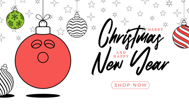bowling christmas greeting card in trendy line style. Merry Christmas and Happy New Year outline cartoon Sports banner. bowling ball as a xmas ball on white background. Vector illustration.