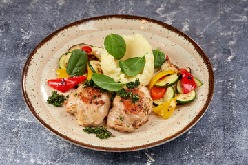 chicken with mashed potato and vegetables