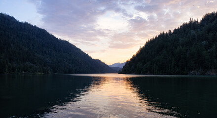 Canadian Nature Background during colorful Sunset. Harrison River, British Columbia, Canada.