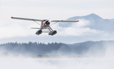 Fototapeta na wymiar Seaplane Flying over the West Coast Pacific Ocean. Adventure Composite. 3D Rendering Airplane. Background Image from Tofino, Vancouver Island, British Columbia, Canada.