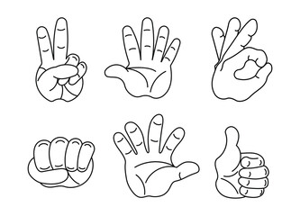 Obraz premium Set icons of human hand gestures. Peace sign, sign ok, fist, palm, sign hello.