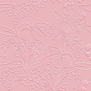Floral 3d embossed pink seamless pattern. Textured line art flowers relief background. Repeat emboss backdrop. Surface lines leaves. 3d endless doodle flowers ornament with embossing effect. Texture