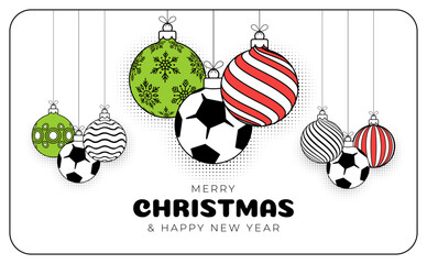 football christmas greeting card in trendy line style. Merry Christmas and Happy New Year outline cartoon Sports banner. soccer ball as a xmas ball on white background. Vector illustration.