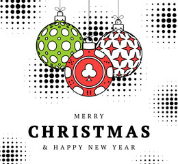 Poker christmas greeting card in trendy line style. Merry Christmas and Happy New Year outline cartoon Sports banner. casino chip as a xmas ball on white background. Vector illustration.