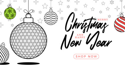 Fototapeta na wymiar golf christmas greeting card in trendy line style. Merry Christmas and Happy New Year outline cartoon Sports banner. golf ball as a xmas ball on white background. Vector illustration.