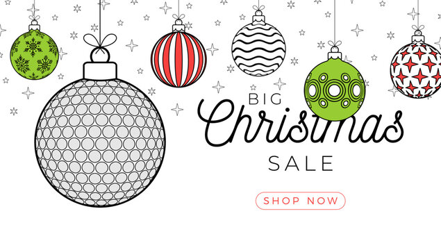 golf christmas greeting card in trendy line style. Merry Christmas and Happy New Year outline cartoon Sports banner. golf ball as a xmas ball on white background. Vector illustration.