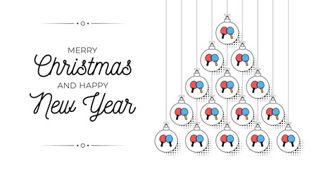 ping pong Christmas and new year bauble tree greeting card. Creative Xmas tree made by ping pong ball. Christmas and new year outline flat Vector Sport greeting card banner. Trendy vector style