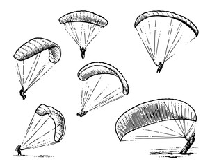 Set of Parachute paraglider. Air extreme sport. Controlled high altitude flight. Hand drawn outline sketch. Isolated on white background. Vector.