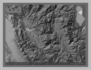 Diber, Albania. Grayscale. Labelled points of cities