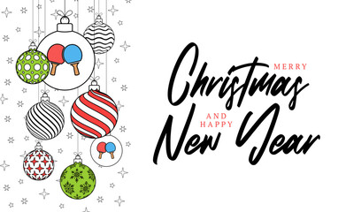 ping pong christmas greeting card in trendy line style. Merry Christmas and Happy New Year outline cartoon Sports banner. ping pong ball as a xmas ball on white background. Vector illustration.