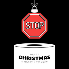 stop Christmas bauble pedestal. Merry Christmas sport greeting card. Hang on a thread ball as a xmas stop sign on white podium on black background. Sport Trendy Vector illustration.