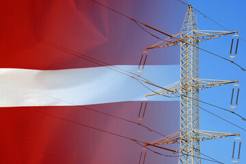 Latvia flag on electric pole background. Power shortage and increased energy consumption in Latvia....