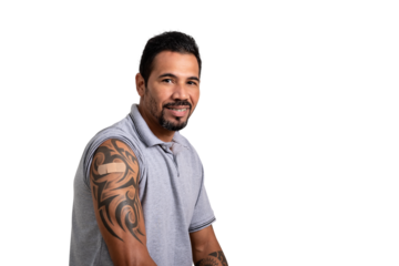 Man shows vaccine patch on his arm, adult vaccination