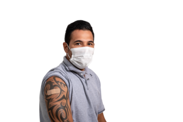Man shows vaccine patch on arm, wear face protection mask, adult vaccination
