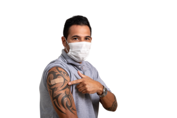 Man shows vaccine patch on arm, wear face protection mask, adult vaccination
