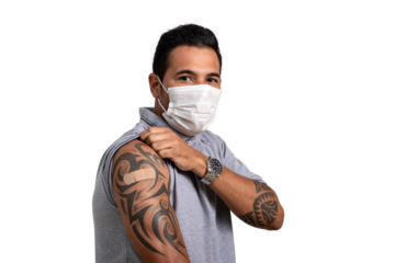 Man shows vaccine patch on arm, wear face protection mask, adult vaccination