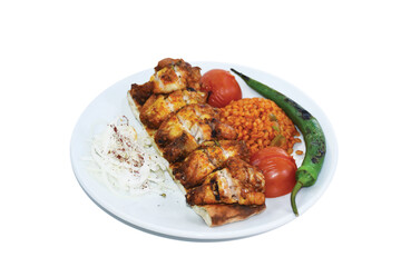 Chicken wings served on a plate with bulgur pilaf, roasted tomatoes and peppers. Transparent png format