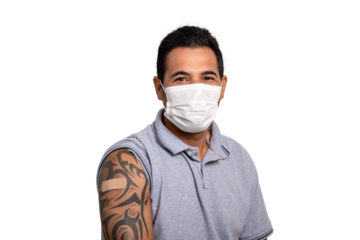 Man shows vaccine patch on arm, wear face protection mask, adult vaccination