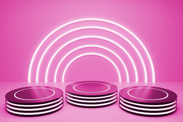 Glowing 3D Rendered podium stages with neon lights background. Pink fashion stages wallpaper