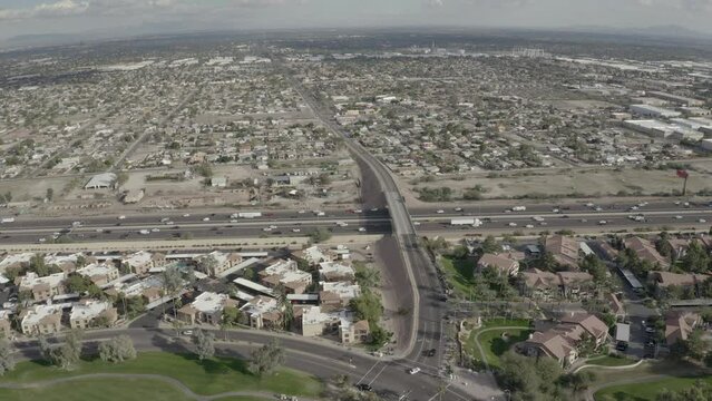 Aerial Drone View of Highway I-10 in Phoenix Tempe Chandler Arizona on a sunny day showing highway and surrounding areas