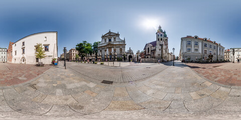 full 360 hdri panorama on main market square in center of old town with historical buildings,...