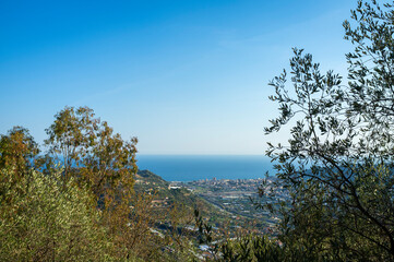 Panorama of the Ligurian Sea, taken from the viewpoint of the Lampedusa Sanctuary. Ancient Christian Church, is located over the on the hills overlooking the village of Taggia (Liguria Region, Italy).