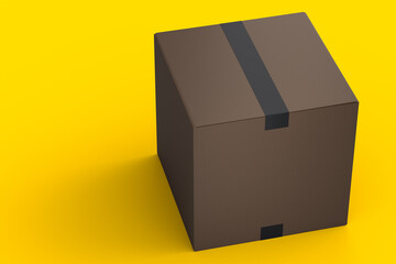 Cardboard box or carton on yellow background carrying parcel and online shopping