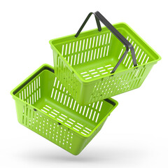 Set of plastic basket from supermarket for online shopping on white background.
