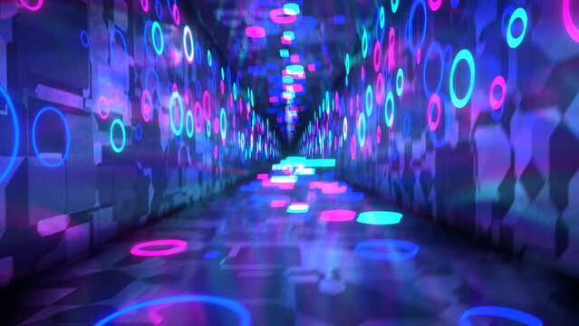 Rotation and movement of the camera through a tunnel with multi-colored circles that change their size. Seamless animation. vj loop.
