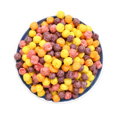 Delicious and nutritious fruit cereal loops flavorful, healthy and funny addition to kids breakfast on white background 