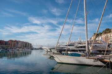 Yachts and sailboats in port Lympia in amazing day in Nice