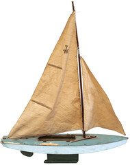 Wooden toy sailing boat on transparent background  - 529534816