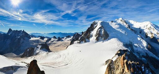 Mont Blanc Highest mountain in the Alps. Mountaineering snow and ice. Breathtaking mountain panorama. Aiguille du midi. High quality photo