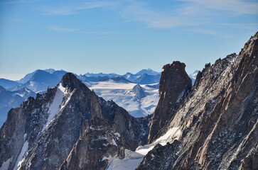 Mountain peaks on the mont blanc massif. Beautiful mountains in the French Alps in Chamonix. Big rocky spikes. mountaineering. High quality photo