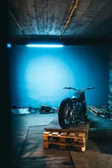 Printed roller blinds Motorcycle Fixing motorcycle standing in repair shop. Instruments and equipment. 