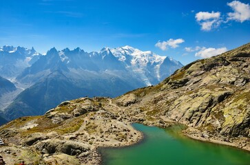 Lac Blanc with a view of Mont Blanc above Chamonix. Wonderful view over the mountain lake to the glacier. Haute-Savoie. High quality photo
