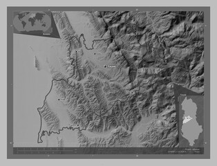 Tirane, Albania. Grayscale. Labelled points of cities