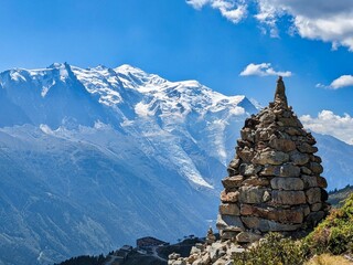 Mountain landscape in Chamonix. Hiking holidays with a breathtaking view of the Mont Blanc massif. ...