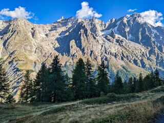 Wonderful view of the Mont Blanc massif in Italy from the Val Ferret Courmayeur valley. Hiking in the beautiful nature next to big glaciers. High quality photo