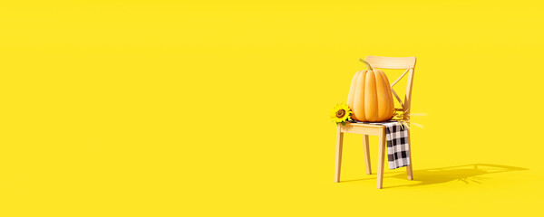 Autumn seasonal concept on yellow background with pumpkin on wooden chair 3d render 3d illustration - obrazy, fototapety, plakaty