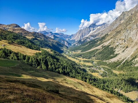 Wonderful view of the Mont Blanc massif in Italy from the Val Ferret Courmayeur valley. Hiking in the beautiful nature next to big glaciers. High quality photo